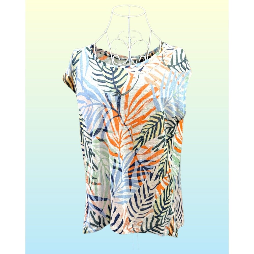 TAHARI 100% Linen Slub Knit Button Back Women’s T-Shirt Top Size M in Leaf Print